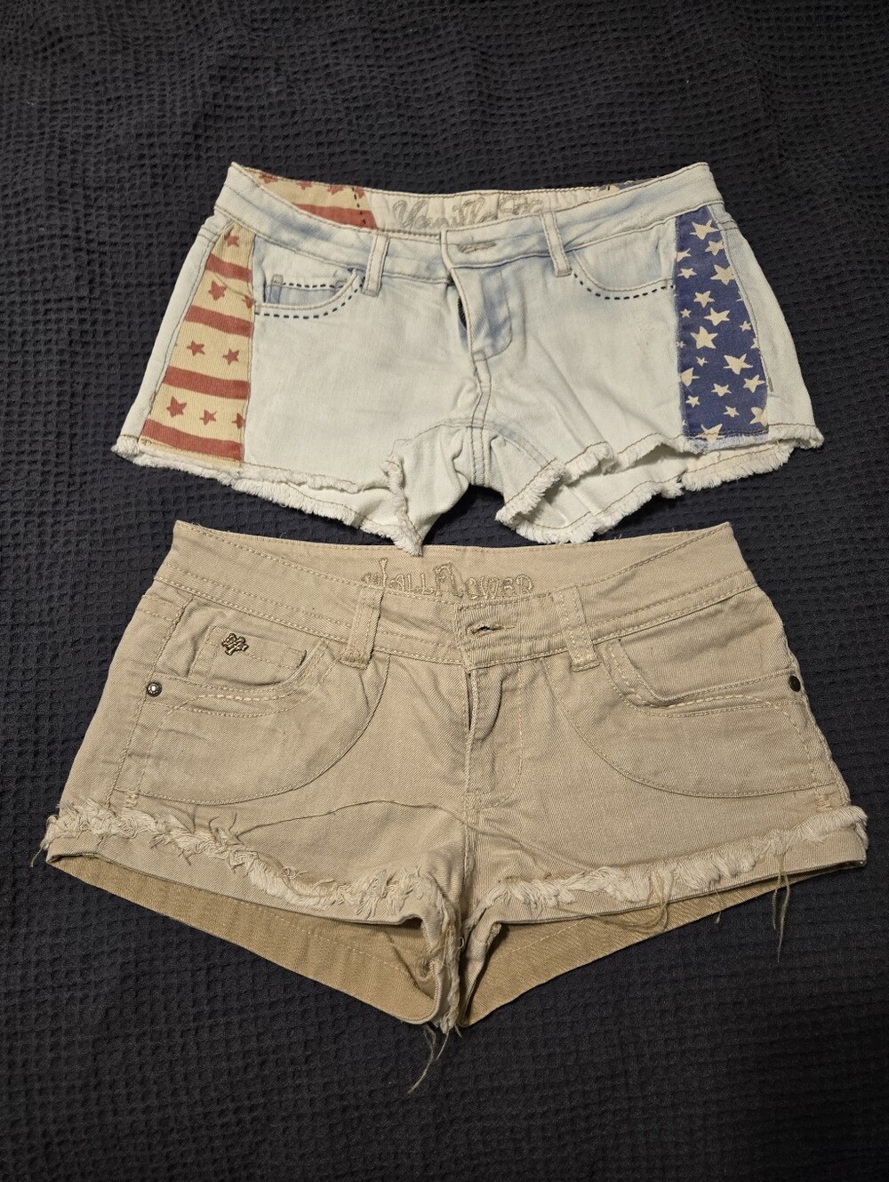 Denim Americana Panel and Khaki Frayed Hem Junior’s Shorts